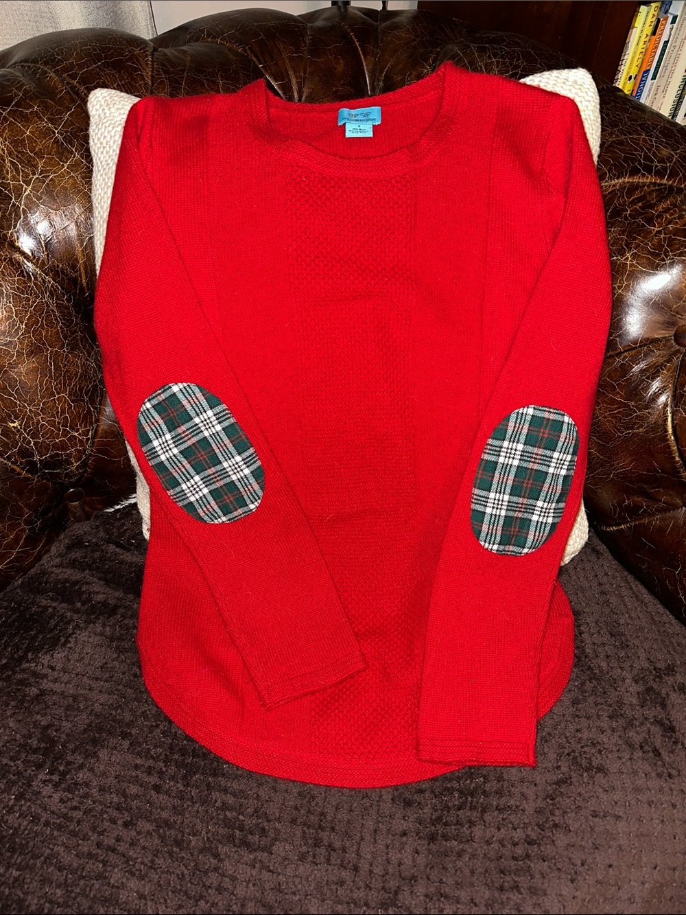 Women's Red Crewneck Sweater with Plaid Elbow Patches